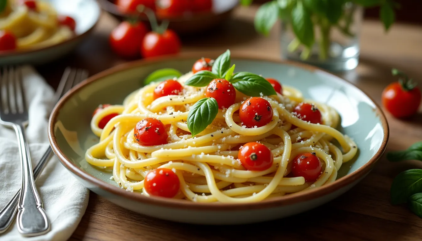 Image of Creamy Garlic Parmesan Pasta with Roasted Cherry Tomatoes